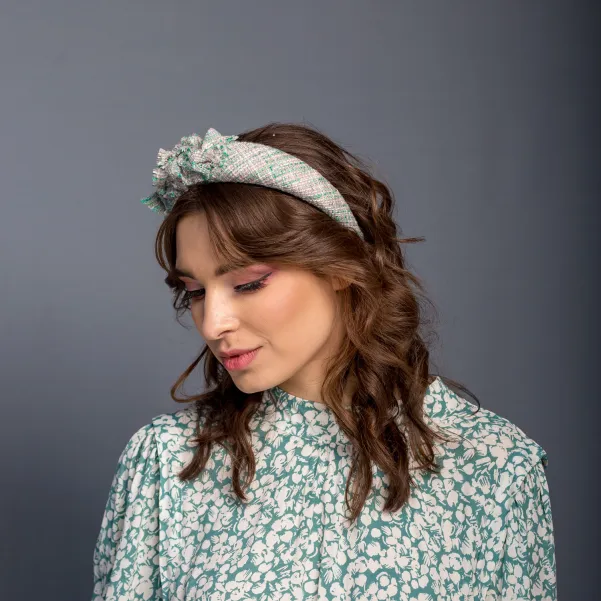 Gruba miętowa opaska tweedowa premium.