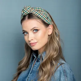 Opaska supeł w zielono-beżową pepitkę.