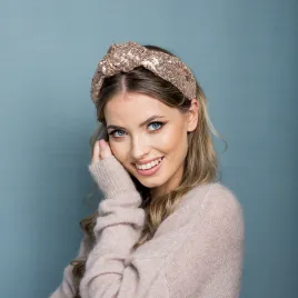 Opaska supeł w cekiny różowe złoto.