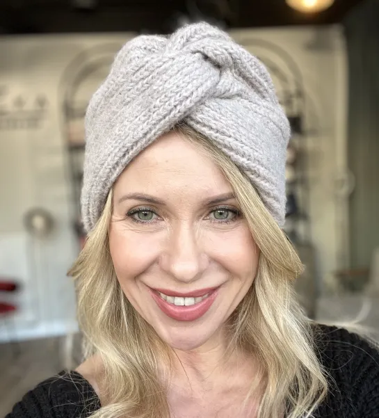 Czapka zimowa a'la turban moher alpaka szaro-różowa, beż.