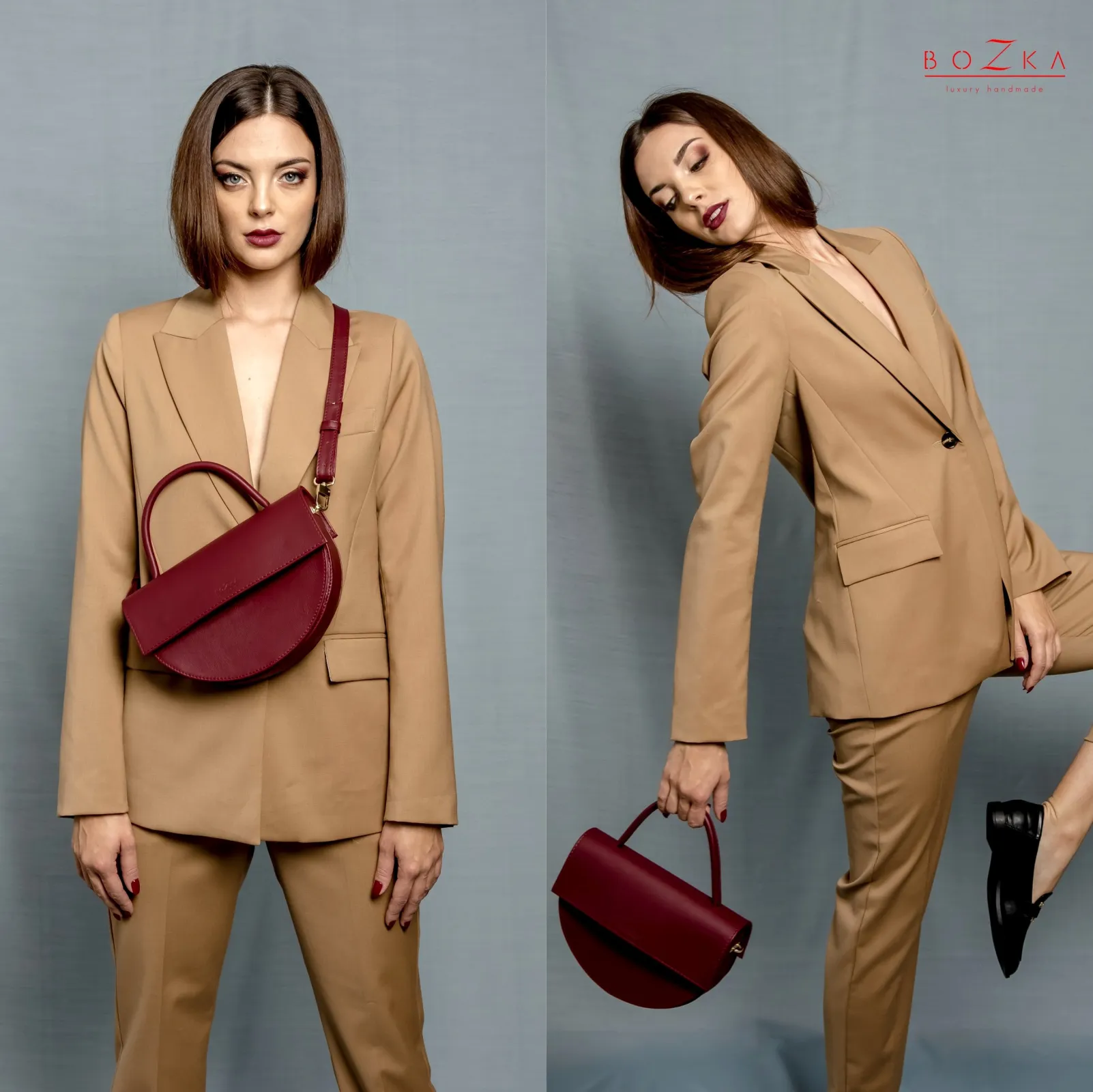 Bordowa torebka skórzana pólksiężyc.