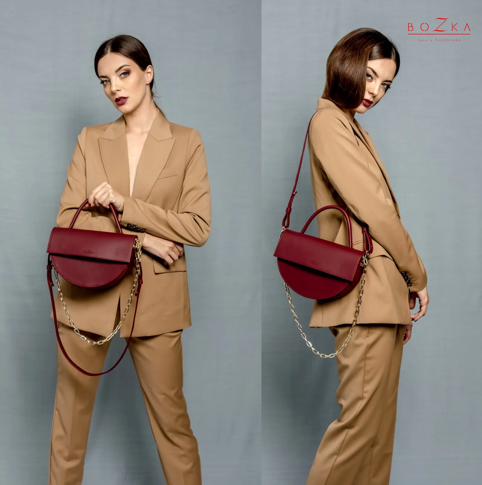 Bordowa torebka skórzana pólksiężyc.