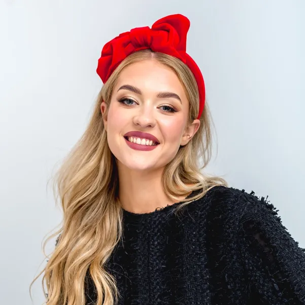 Czerwona aksamitna opaska handmade z gigantyczną kokardą.