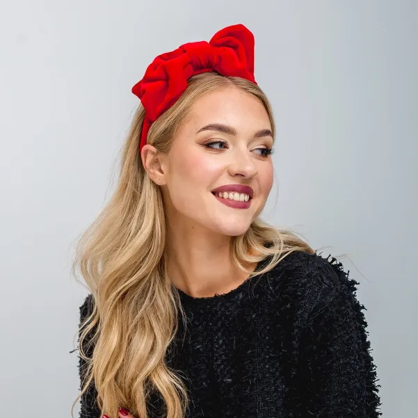 Czerwona aksamitna opaska handmade z gigantyczną kokardą.