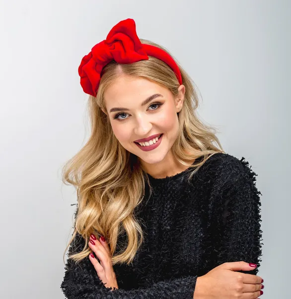 Czerwona aksamitna opaska handmade z gigantyczną kokardą.