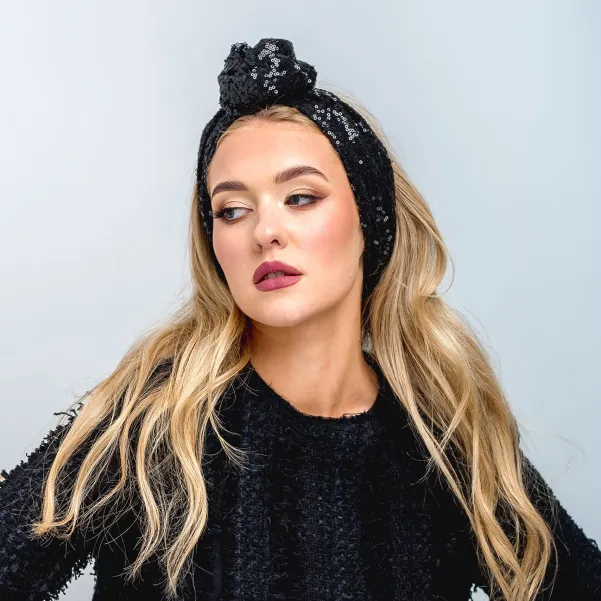 Opaska/turban twist band w czarne  cekiny.