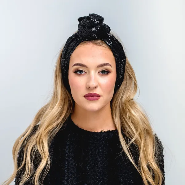 Opaska/turban twist band w czarne  cekiny.