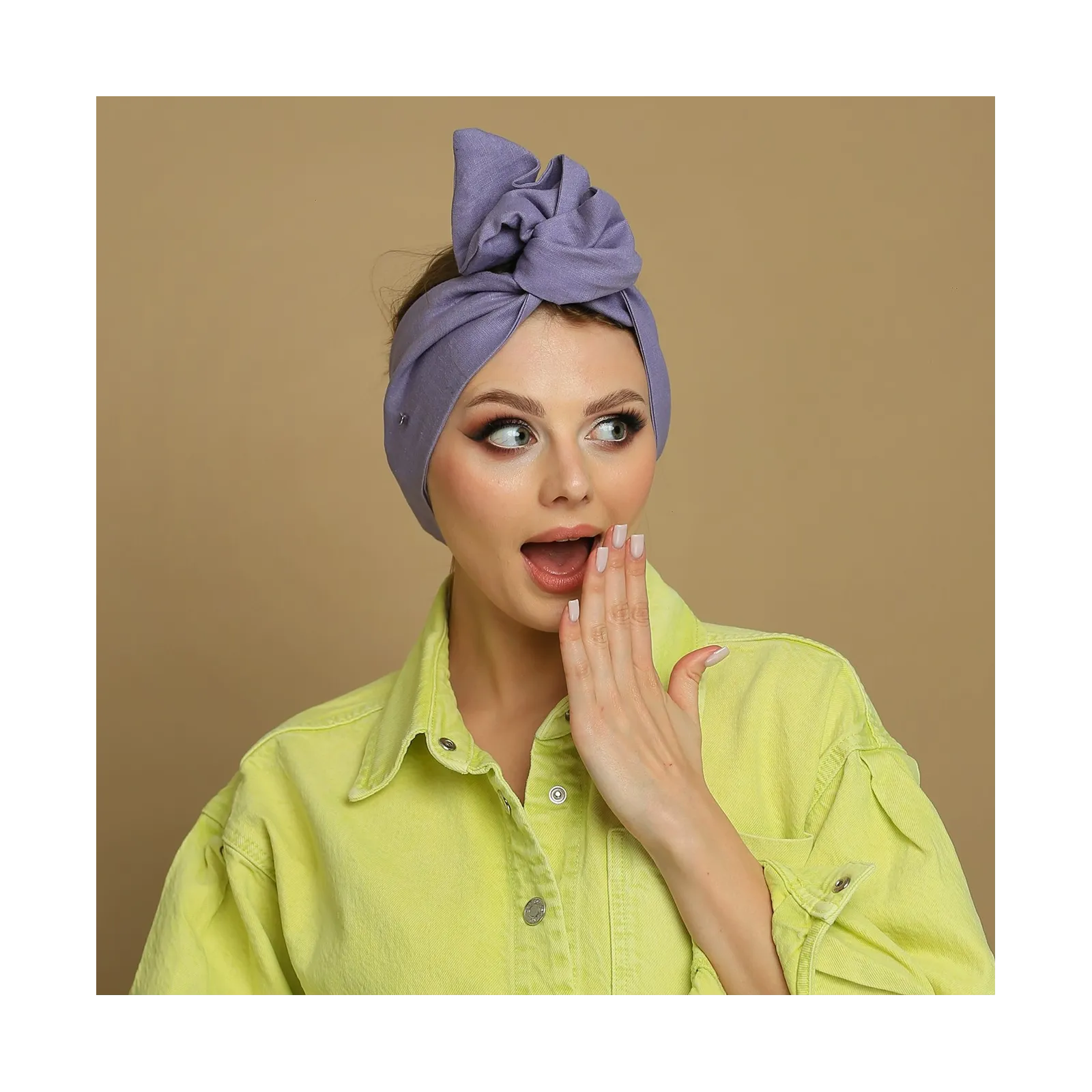 Lniana opaska twistband liliowa.