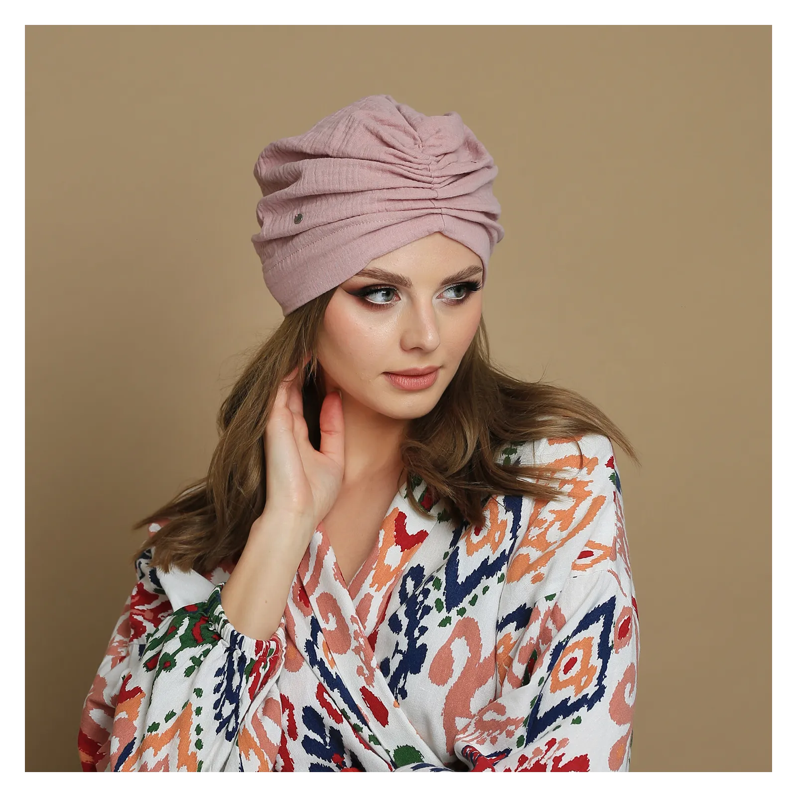 Turban do włosów bawełniany, muślinowy brudny róż.