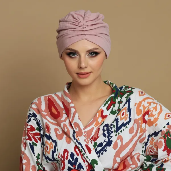 Turban do włosów bawełniany, muślinowy brudny róż.