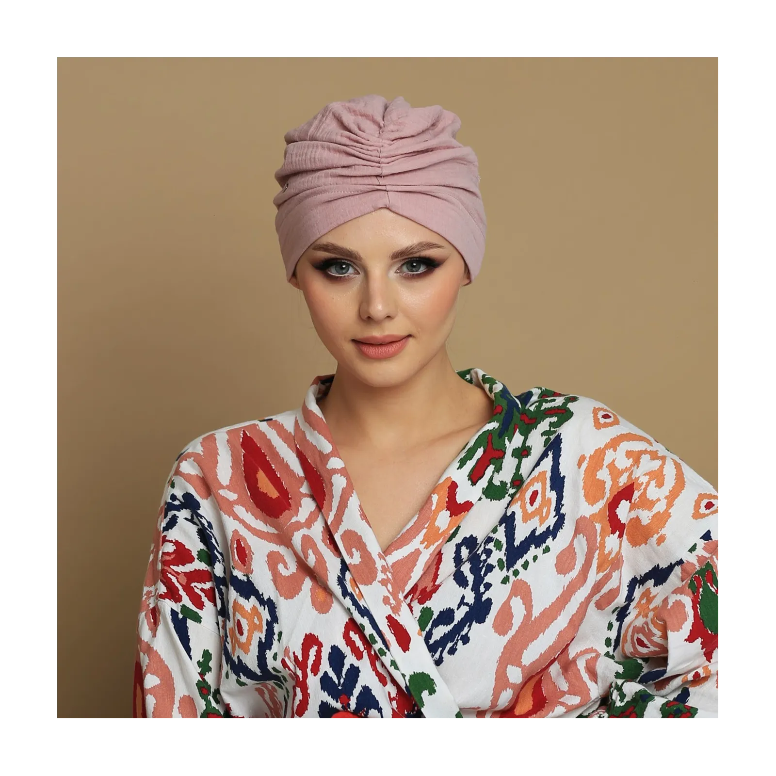 Turban do włosów bawełniany, muślinowy brudny róż.