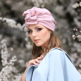 Ozdobna czapka-turban damska pudrowy róż.