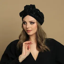 Czarny elegancki bawełniany turban z kokardą.