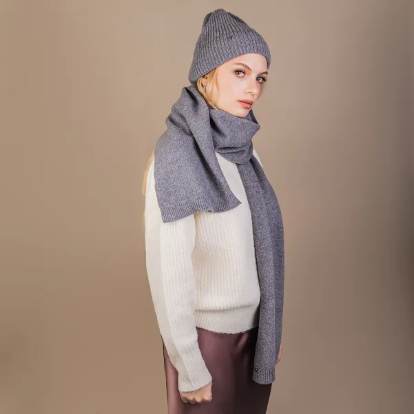Prążkowana czapka z szalikiem na zimę z wełny i kaszmiru, szary komplet.