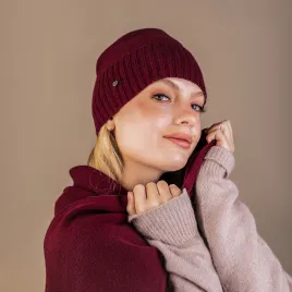 Cienka czapka z szalikiem na zimę z wełny i kaszmiru, bordowy komplet.