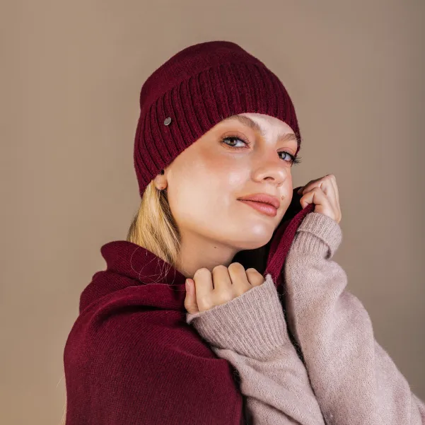 Cienka czapka z szalikiem na zimę z wełny i kaszmiru, bordowy komplet.