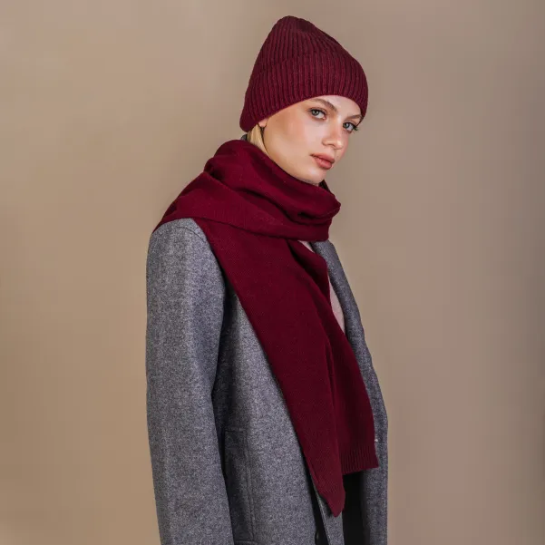 Prążkowana czapka z szalikiem na zimę z wełny i kaszmiru, bordowy komplet.