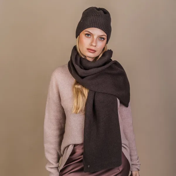 Prążkowa czapka z szalem na zimę z wełny i kaszmiru, brązowy komplet.