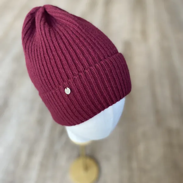 Prążkowana czapka wełniano-kaszmirowa bordowa