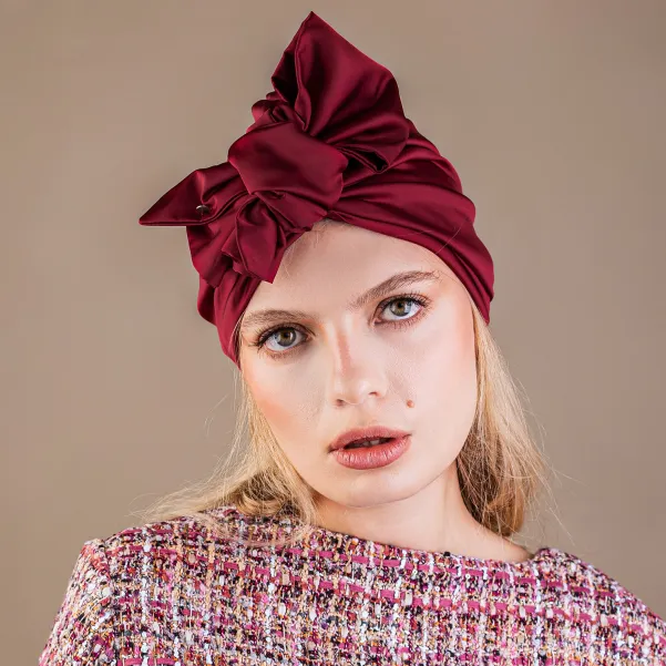 Stylowy turban na włosy satynowy z kokardą bordowy