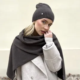 Cienka czapka z szalikiem na zimę z wełny i kaszmiru, brązowy komplet.