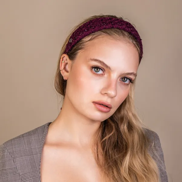 Tweedowa opaska ozdobna w kolorze ciemnego wina Tweedowa opaska ozdobna w kolorze ciemnego wina