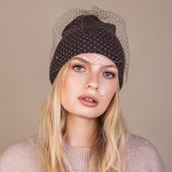 Kaszmirowo-wełniana czapka z woalką brązowa taupe