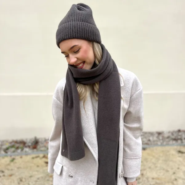 Szal brąz taupe, długi, wełniano-kaszmirowy.