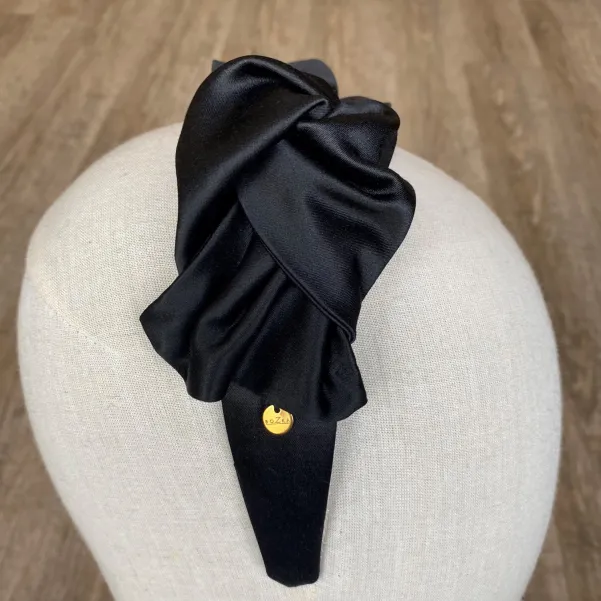 Kobieca opaska z kokardą czarna satynowa