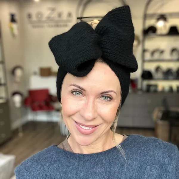 Szeroka zimowa opaska damska z kokardą czarna