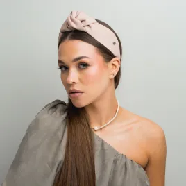 Lniana pudrowo-rożowa szeroka opaska supeł.