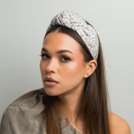 Wiązana opaska lniana beżowa kwiatowy print.