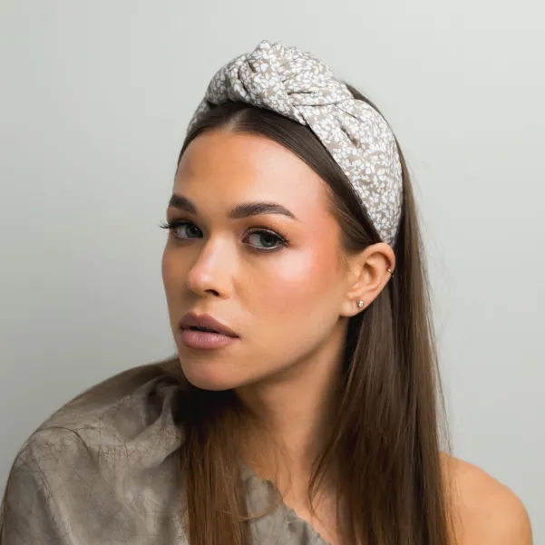 Wiązana opaska lniana beżowa kwiatowy print.