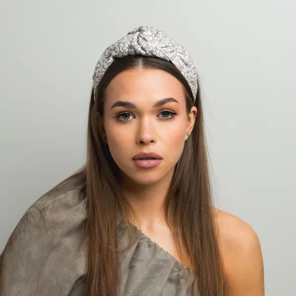 Wiązana opaska lniana beżowa kwiatowy print.