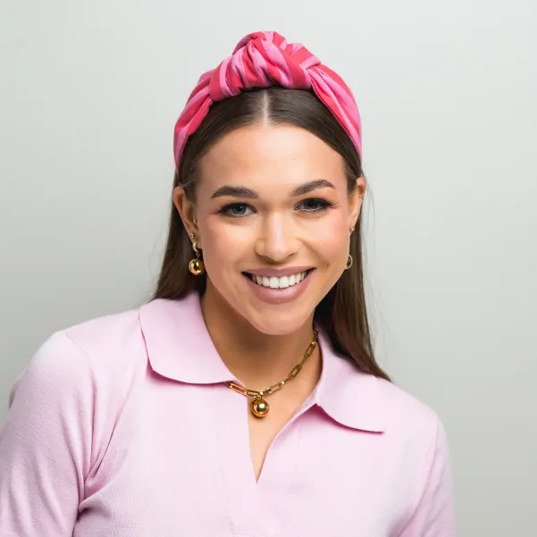 Opaska do włosów bawełniana różowa w paseczki.