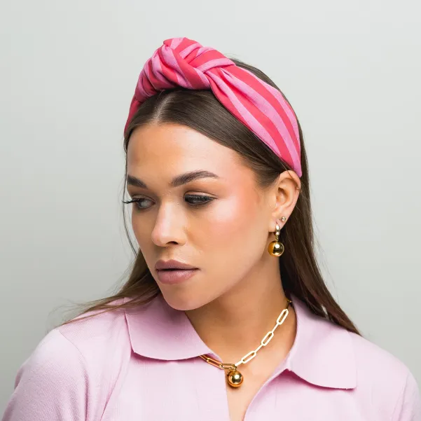 Opaska do włosów bawełniana różowa w paseczki.
