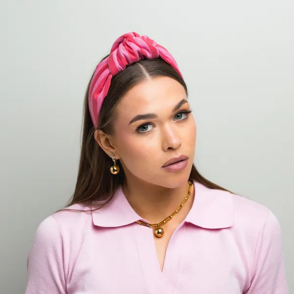 Opaska do włosów bawełniana różowa w paseczki.