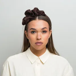 Czekoladowa opaska lniana z dużą ozdobą handmade.