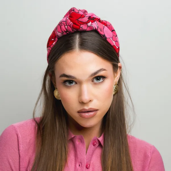 Lniana opaska z wiązaniem różowe kwiaty.