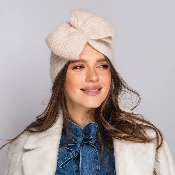 Szeroka zimowa opaska damska z kokardą kremowa