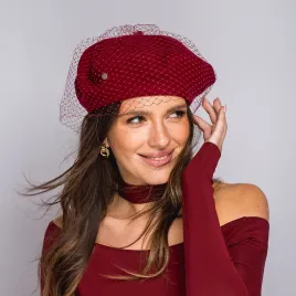 Stylowy beret z woalką i anteną, modny wełniany beret