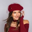 Stylowy beret z woalką i anteną, modny wełniany beret