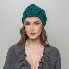 Turban z różą butelkowa zieleń muślinowy przewiewny.