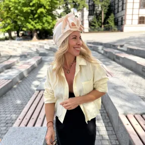 Turban z ozdobą damski muślinowy delikatna wanilia